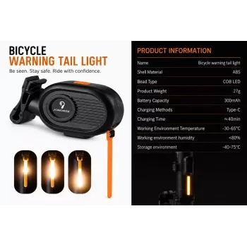 iLike JOWORSE luz traseira de bicicleta COB LED recarregável, luz traseira de bicicleta USB-C, 300mAh, luz de aviso para bicicleta à prova de água