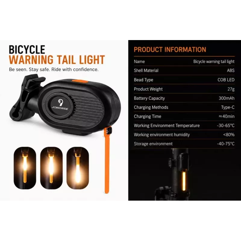 iLike JOWORSE luz traseira de bicicleta COB LED recarregável, luz traseira de bicicleta USB-C, 300mAh, luz de aviso para bicicleta à prova de água