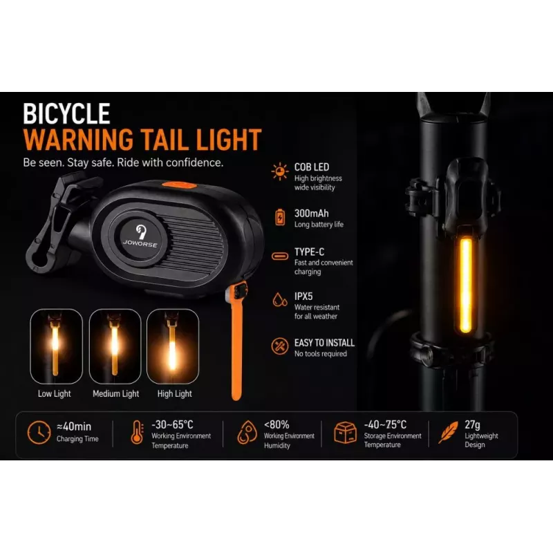 iLike JOWORSE luz traseira de bicicleta COB LED recarregável, luz traseira de bicicleta USB-C, 300mAh, luz de aviso para bicicleta à prova de água