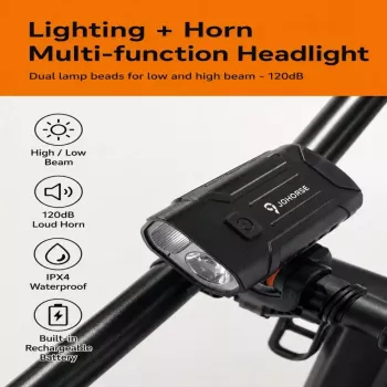 iLike JOHORSE Luz de bicicleta recarregável com buzina de 120dB, farol de bicicleta LED recarregável por USB, luz máxima/médios, à prova de água IPX4, luz dianteira preta