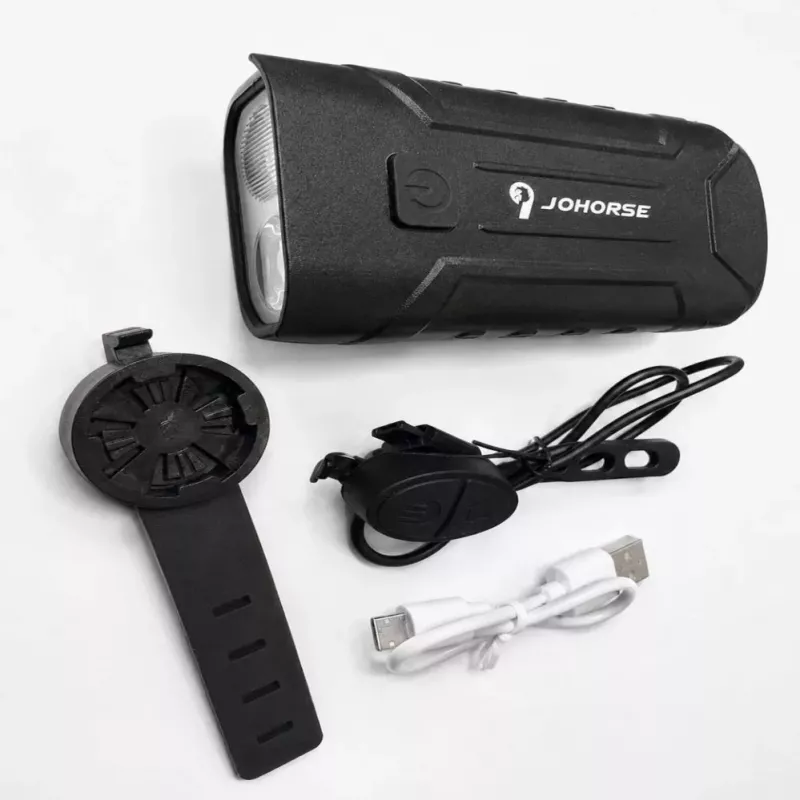 iLike JOHORSE Luz de bicicleta recarregável com buzina de 120dB, farol de bicicleta LED recarregável por USB, luz máxima/médios, à prova de água IPX4, luz dianteira preta