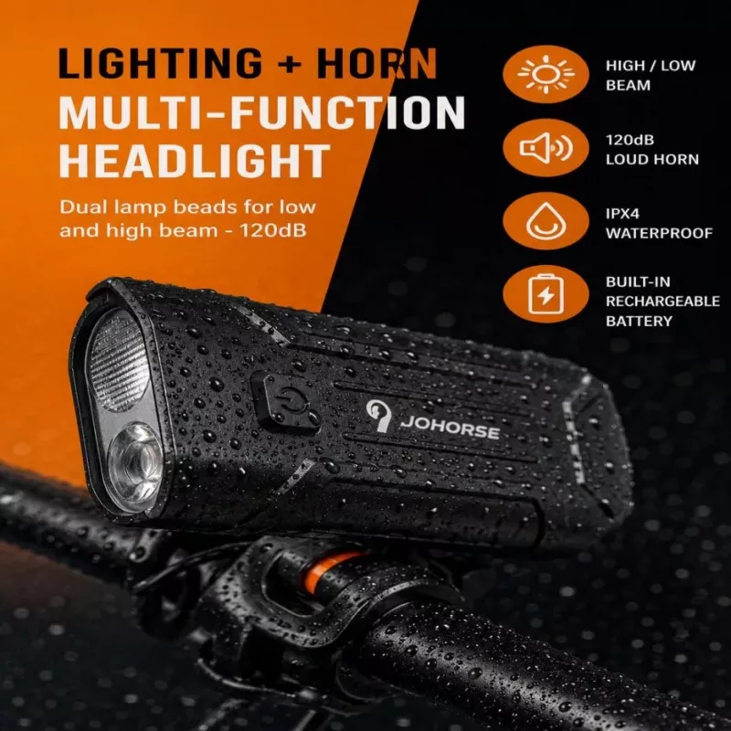 iLike JOHORSE Luz de bicicleta recarregável com buzina de 120dB, farol de bicicleta LED recarregável por USB, luz máxima/médios, à prova de água IPX4, luz dianteira preta