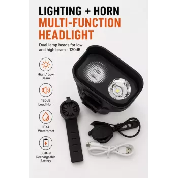 iLike JOHORSE Luz de bicicleta recarregável com buzina de 120dB, farol de bicicleta LED recarregável por USB, luz máxima/médios, à prova de água IPX4, luz dianteira preta
