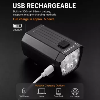 iLike JOHORSE Luz frontal de bicicleta recarregável por USB com buzina elétrica de 120dB, 300LM 4 LED luz frontal de bicicleta, 7 modos de iluminação, telecomando de guiador, à prova de água IPX4 preto