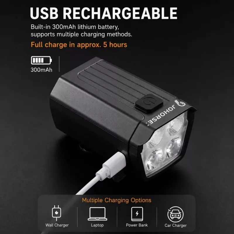 iLike JOHORSE Luz frontal de bicicleta recarregável por USB com buzina elétrica de 120dB, 300LM 4 LED luz frontal de bicicleta, 7 modos de iluminação, telecomando de guiador, à prova de água IPX4 preto
