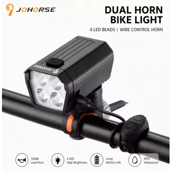 iLike JOHORSE Luz frontal de bicicleta recarregável por USB com buzina elétrica de 120dB, 300LM 4 LED luz frontal de bicicleta, 7 modos de iluminação, telecomando de guiador, à prova de água IPX4 preto