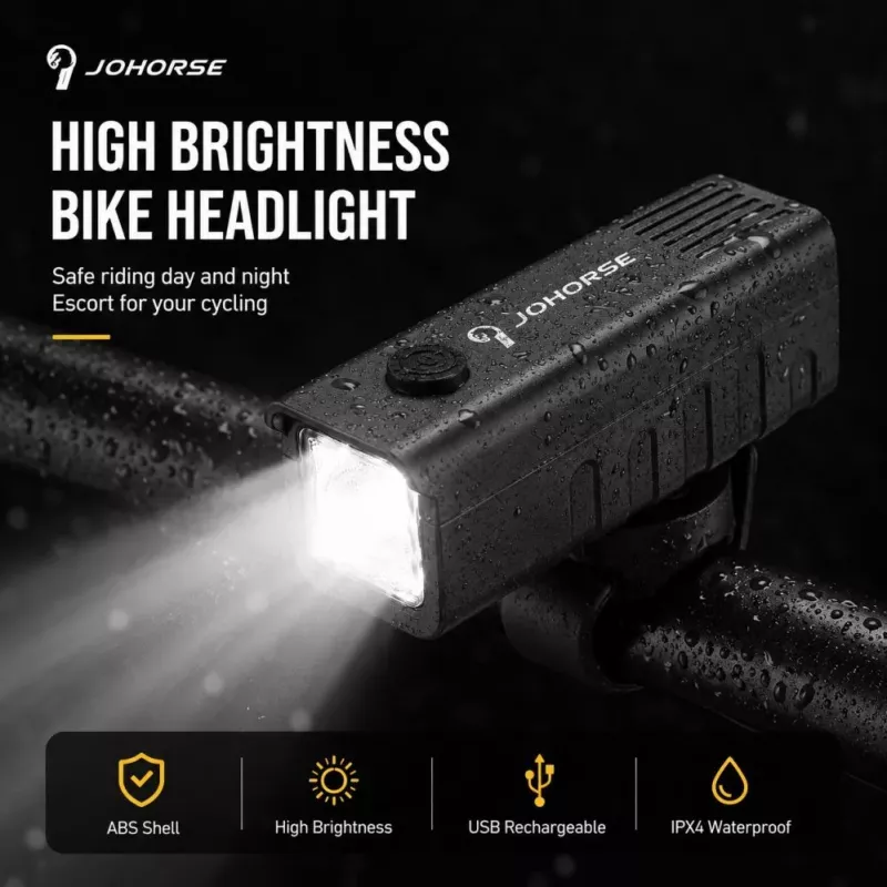 iLike JOHORSE Farol de bicicleta recarregável por USB, luz dianteira de bicicleta LED de alta luminosidade, à prova de água IPX4, carcaça em ABS, montagem fácil no guiador
