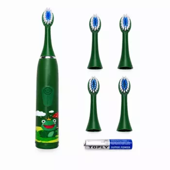 iLike Escova de dentes elétrica sónica para crianças, à prova de água, 5 cabeças de escova (1+4 cabeças de substituição), a pilhas, cerdas macias, design rã verde, verde