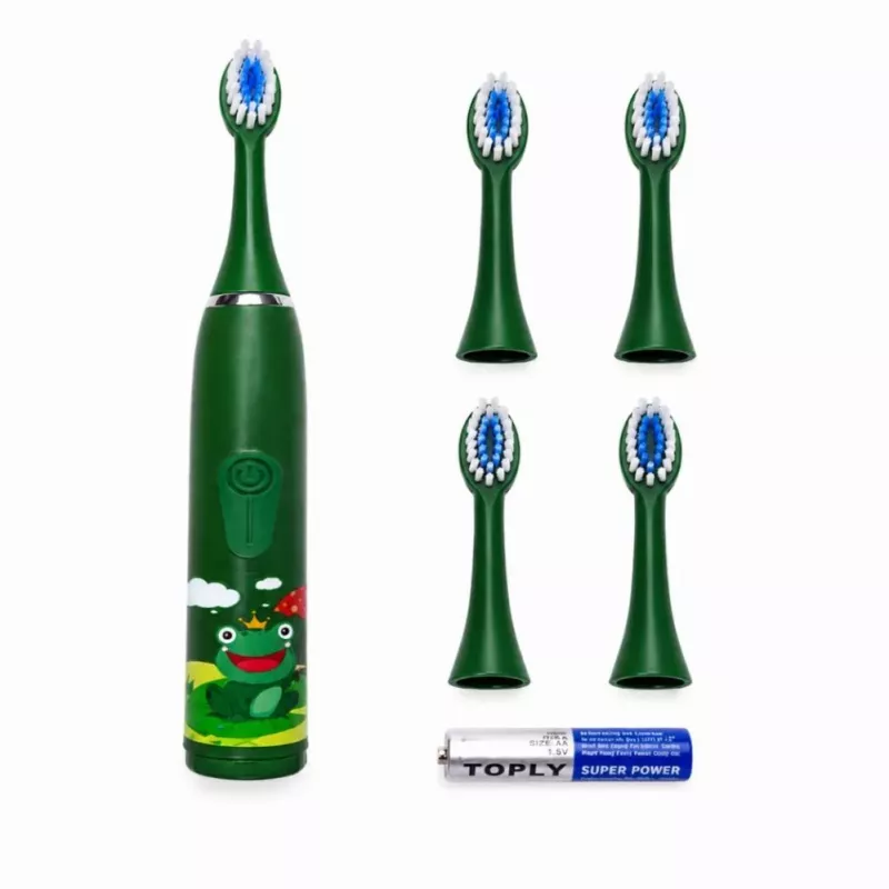 iLike Escova de dentes elétrica sónica para crianças, à prova de água, 5 cabeças de escova (1+4 cabeças de substituição), a pilhas, cerdas macias, design rã verde, verde