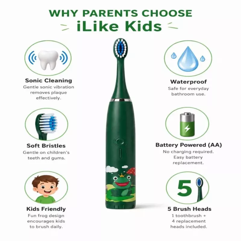 iLike Escova de dentes elétrica sónica para crianças, à prova de água, 5 cabeças de escova (1+4 cabeças de substituição), a pilhas, cerdas macias, design rã verde, verde