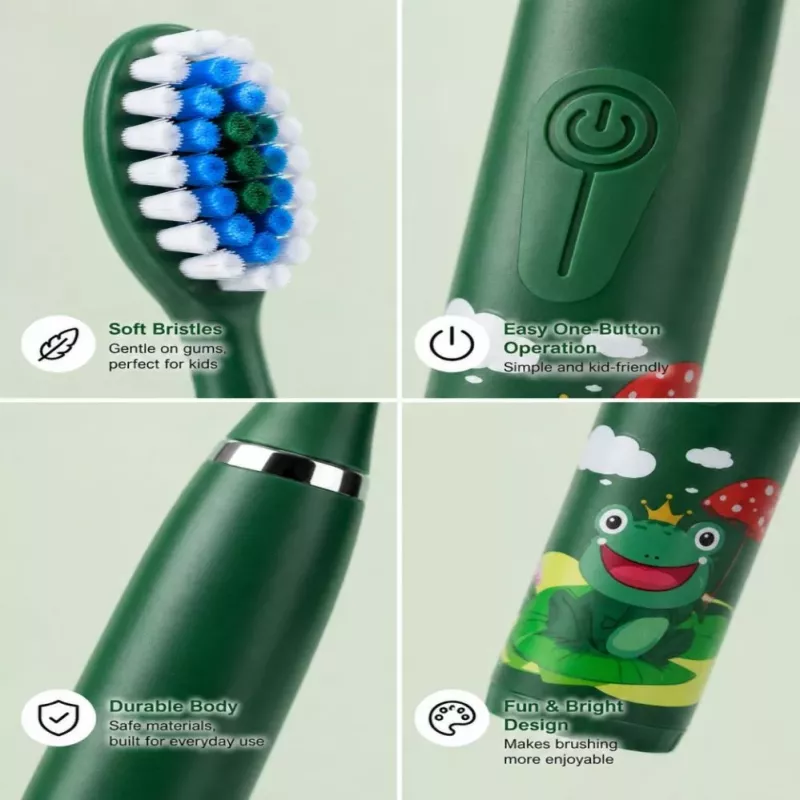 iLike Escova de dentes elétrica sónica para crianças, à prova de água, 5 cabeças de escova (1+4 cabeças de substituição), a pilhas, cerdas macias, design rã verde, verde