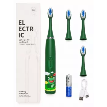 iLike Escova de dentes elétrica sónica para crianças, à prova de água, 5 cabeças de escova (1+4 cabeças de substituição), a pilhas, cerdas macias, design rã verde, verde