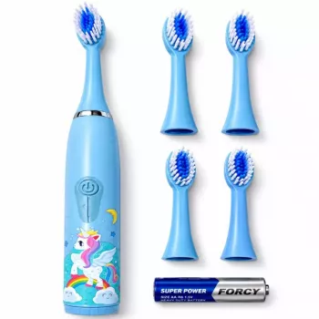 iLike Escova de dentes sónica para crianças, à prova de água, 5 cabeças de escova (1+4 cabeças de substituição), a pilhas, cerdas macias, design unicórnio, azul