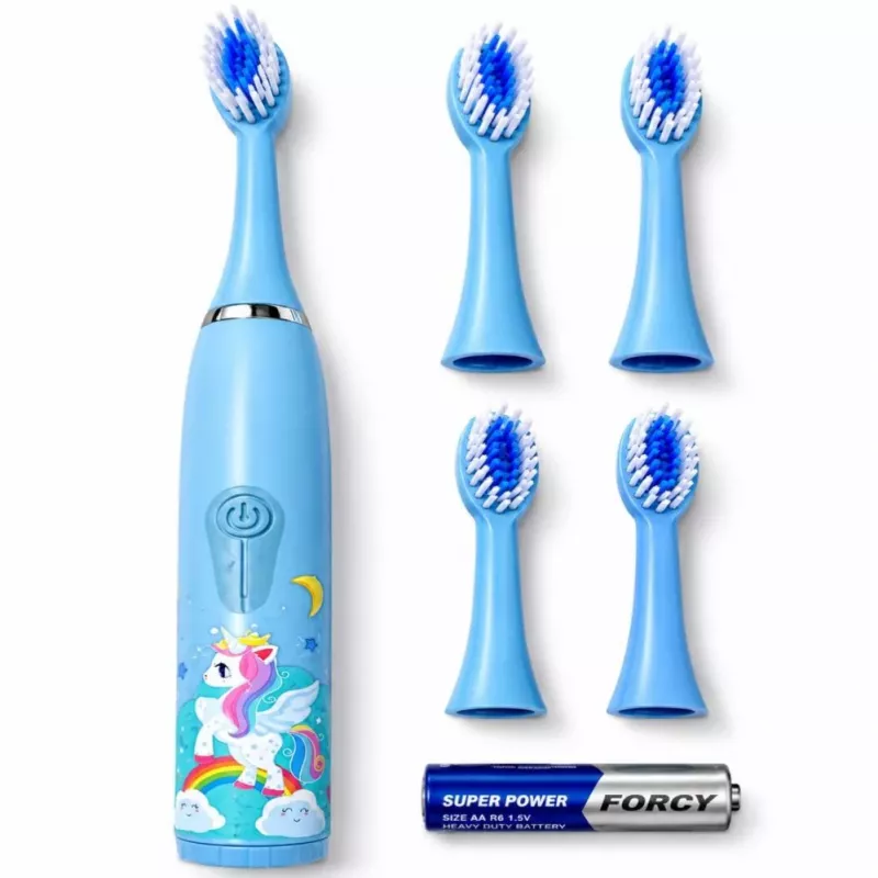 iLike Escova de dentes sónica para crianças, à prova de água, 5 cabeças de escova (1+4 cabeças de substituição), a pilhas, cerdas macias, design unicórnio, azul