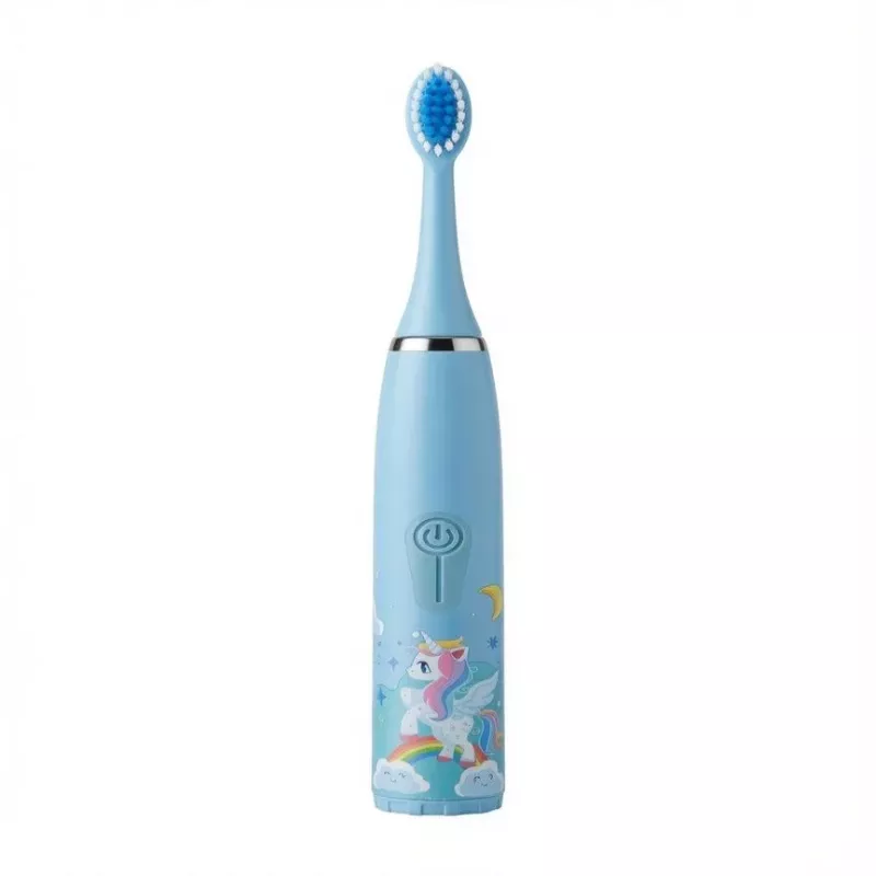 iLike Escova de dentes sónica para crianças, à prova de água, 5 cabeças de escova (1+4 cabeças de substituição), a pilhas, cerdas macias, design unicórnio, azul