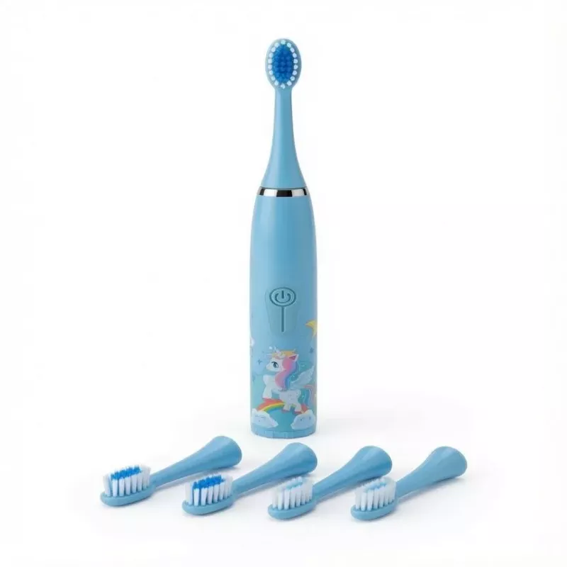 iLike Escova de dentes sónica para crianças, à prova de água, 5 cabeças de escova (1+4 cabeças de substituição), a pilhas, cerdas macias, design unicórnio, azul