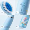 iLike Escova de dentes sónica para crianças, à prova de água, 5 cabeças de escova (1+4 cabeças de substituição), a pilhas, cerdas macias, design unicórnio, azul