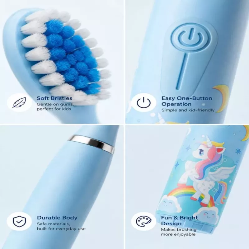 iLike Escova de dentes sónica para crianças, à prova de água, 5 cabeças de escova (1+4 cabeças de substituição), a pilhas, cerdas macias, design unicórnio, azul