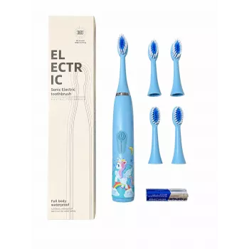 iLike Escova de dentes sónica para crianças, à prova de água, 5 cabeças de escova (1+4 cabeças de substituição), a pilhas, cerdas macias, design unicórnio, azul