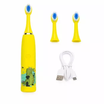 iLike Escova de dentes elétrica sónica recarregável para crianças, carregamento por USB, 3 cabeças de escova (1+2 cabeças de substituição), cerdas macias, à prova de água, design crocodilo amarelo