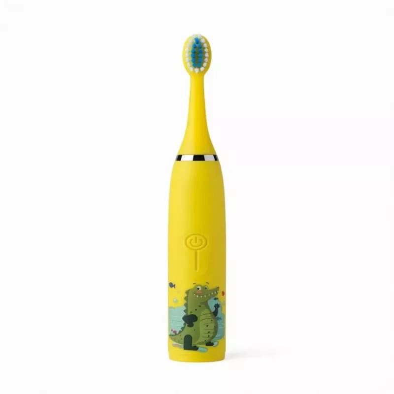 iLike Escova de dentes elétrica sónica recarregável para crianças, carregamento por USB, 3 cabeças de escova (1+2 cabeças de substituição), cerdas macias, à prova de água, design crocodilo amarelo