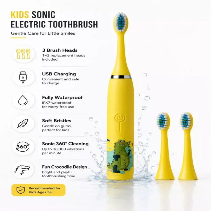 iLike Escova de dentes elétrica sónica recarregável para crianças, carregamento por USB, 3 cabeças de escova (1+2 cabeças de substituição), cerdas macias, à prova de água, design crocodilo amarelo
