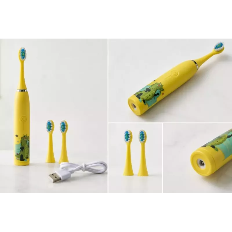 iLike Escova de dentes elétrica sónica recarregável para crianças, carregamento por USB, 3 cabeças de escova (1+2 cabeças de substituição), cerdas macias, à prova de água, design crocodilo amarelo