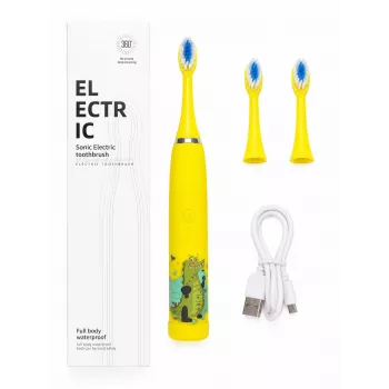 iLike Escova de dentes elétrica sónica recarregável para crianças, carregamento por USB, 3 cabeças de escova (1+2 cabeças de substituição), cerdas macias, à prova de água, design crocodilo amarelo