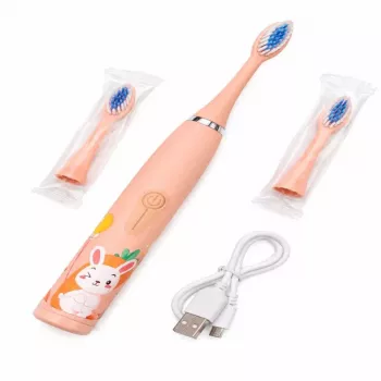 iLike Escova de dentes elétrica sónica recarregável para crianças, carregamento por USB, 3 cabeças de escova (1+2 cabeças de substituição), cerdas macias, à prova de água, design coelhinho, rosa