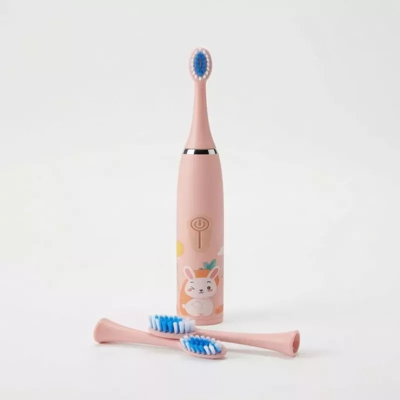 iLike Escova de dentes elétrica sónica recarregável para crianças, carregamento por USB, 3 cabeças de escova (1+2 cabeças de substituição), cerdas macias, à prova de água, design coelhinho, rosa