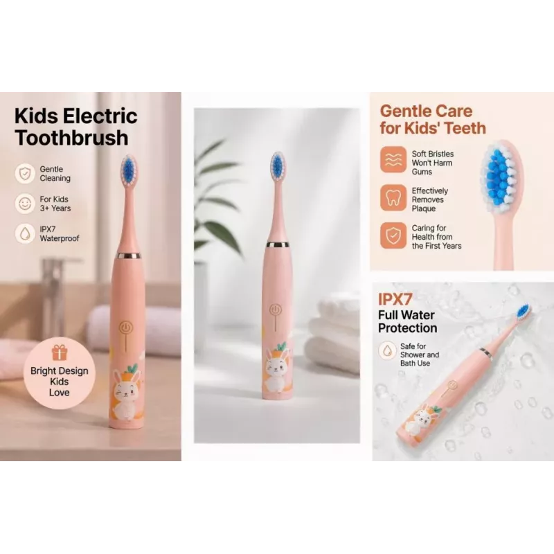 iLike Escova de dentes elétrica sónica recarregável para crianças, carregamento por USB, 3 cabeças de escova (1+2 cabeças de substituição), cerdas macias, à prova de água, design coelhinho, rosa