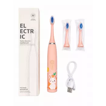 iLike Escova de dentes elétrica sónica recarregável para crianças, carregamento por USB, 3 cabeças de escova (1+2 cabeças de substituição), cerdas macias, à prova de água, design coelhinho, rosa