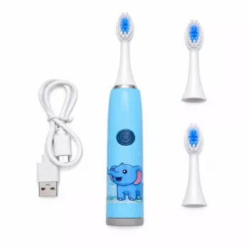 iLike Escova de dentes elétrica sónica recarregável para crianças, carregamento por USB, 3 cabeças de escova (1+2 cabeças de substituição), cerdas macias, à prova de água, design elefante azul, azul