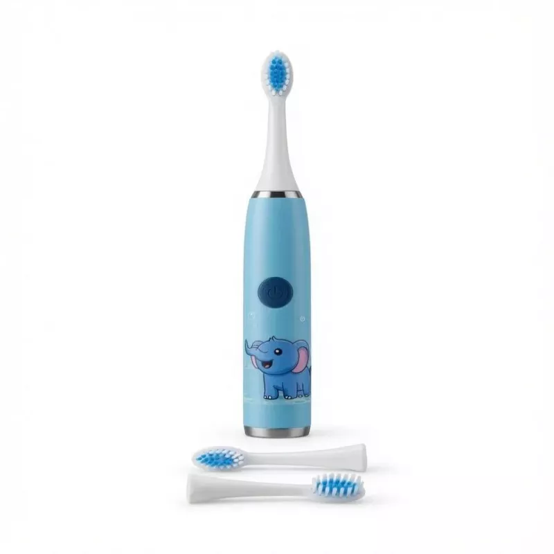 iLike Escova de dentes elétrica sónica recarregável para crianças, carregamento por USB, 3 cabeças de escova (1+2 cabeças de substituição), cerdas macias, à prova de água, design elefante azul, azul