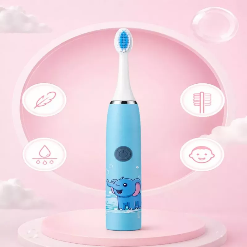 iLike Escova de dentes elétrica sónica recarregável para crianças, carregamento por USB, 3 cabeças de escova (1+2 cabeças de substituição), cerdas macias, à prova de água, design elefante azul, azul