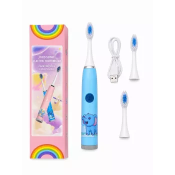 iLike Escova de dentes elétrica sónica recarregável para crianças, carregamento por USB, 3 cabeças de escova (1+2 cabeças de substituição), cerdas macias, à prova de água, design elefante azul, azul