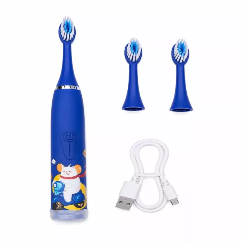 iLike Escova de dentes elétrica sónica recarregável para crianças, carregamento por USB, 3 cabeças de escova (1+2 cabeças de substituição), cerdas macias, à prova de água, design urso azul, azul