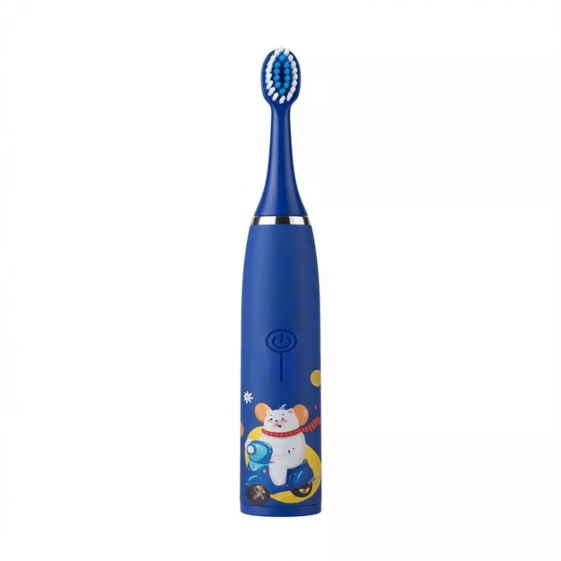 iLike Escova de dentes elétrica sónica recarregável para crianças, carregamento por USB, 3 cabeças de escova (1+2 cabeças de substituição), cerdas macias, à prova de água, design urso azul, azul