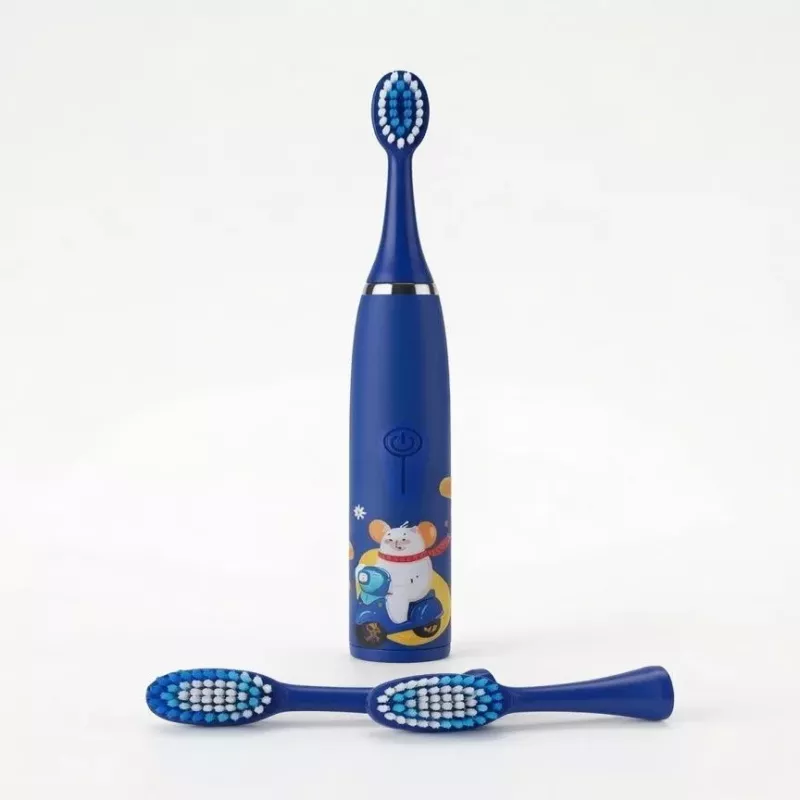 iLike Escova de dentes elétrica sónica recarregável para crianças, carregamento por USB, 3 cabeças de escova (1+2 cabeças de substituição), cerdas macias, à prova de água, design urso azul, azul