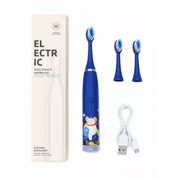 iLike Escova de dentes elétrica sónica recarregável para crianças, carregamento por USB, 3 cabeças de escova (1+2 cabeças de substituição), cerdas macias, à prova de água, design urso azul, azul