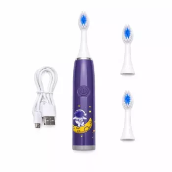 iLike Escova de dentes elétrica sónica recarregável para crianças, carregamento por USB, 3 cabeças de escova (1+2 cabeças de substituição), cerdas macias, à prova de água, design astronauta espacial, roxo