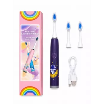 iLike Escova de dentes elétrica sónica recarregável para crianças, carregamento por USB, 3 cabeças de escova (1+2 cabeças de substituição), cerdas macias, à prova de água, design astronauta espacial, roxo