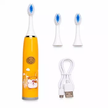 iLike Escova de dentes sónica recarregável para crianças, carregamento por USB, 3 cabeças de escova (1+2 cabeças de substituição), cerdas macias, à prova de água, design hamster fofo, laranja