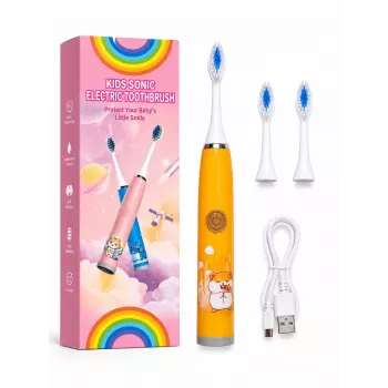 iLike Escova de dentes sónica recarregável para crianças, carregamento por USB, 3 cabeças de escova (1+2 cabeças de substituição), cerdas macias, à prova de água, design hamster fofo, laranja
