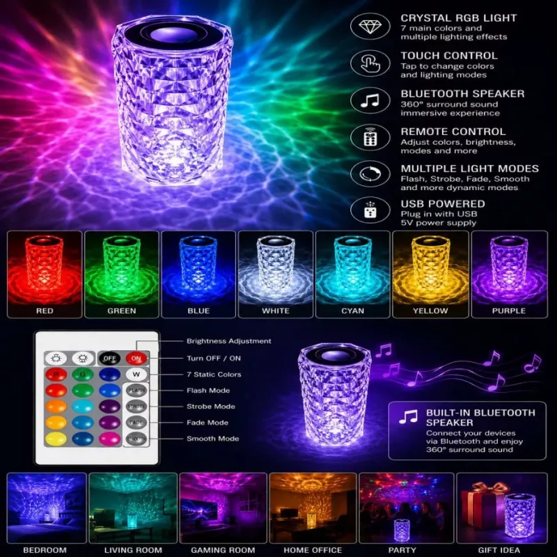 iLike Candeeiro LED RGB Crystal Touch com altifalante Bluetooth, luz noturna ambiente, comando