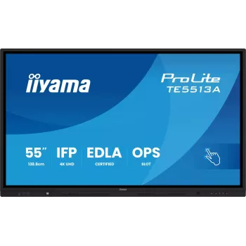 IIYAMA ProLite TE5513A-B3AG 55 polegadas 4K UHD IPS ecrã tátil IR multitoque 20 pontos 350 cd/m² 8 ms HDMI DP USB-C VGA LAN RS232 altifalantes VESA 400x400 preto