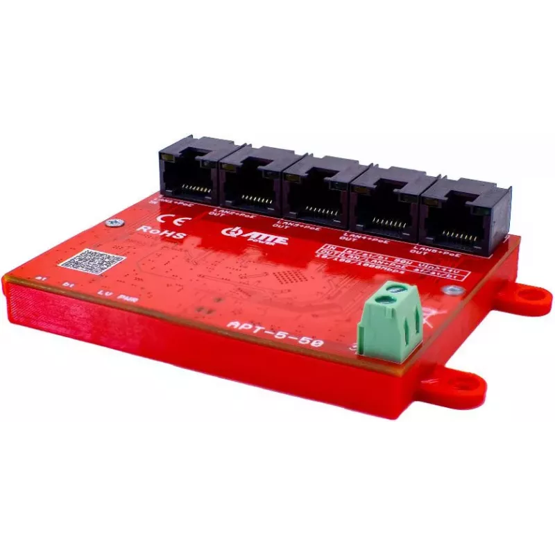 ATTE APT-5-50 switch/extensor PoE+ de 5 portas, 4x PoE (30W/porta), orçamento 50W, 10/100 Mbps, modo Extend 250m