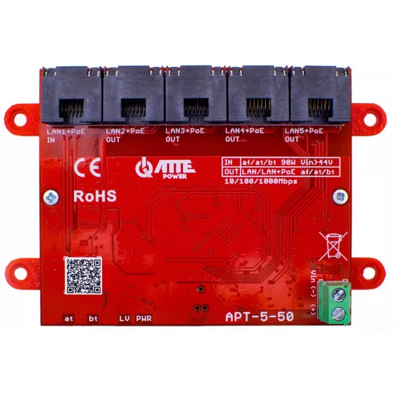 ATTE APT-5-50 switch/extensor PoE+ de 5 portas, 4x PoE (30W/porta), orçamento 50W, 10/100 Mbps, modo Extend 250m