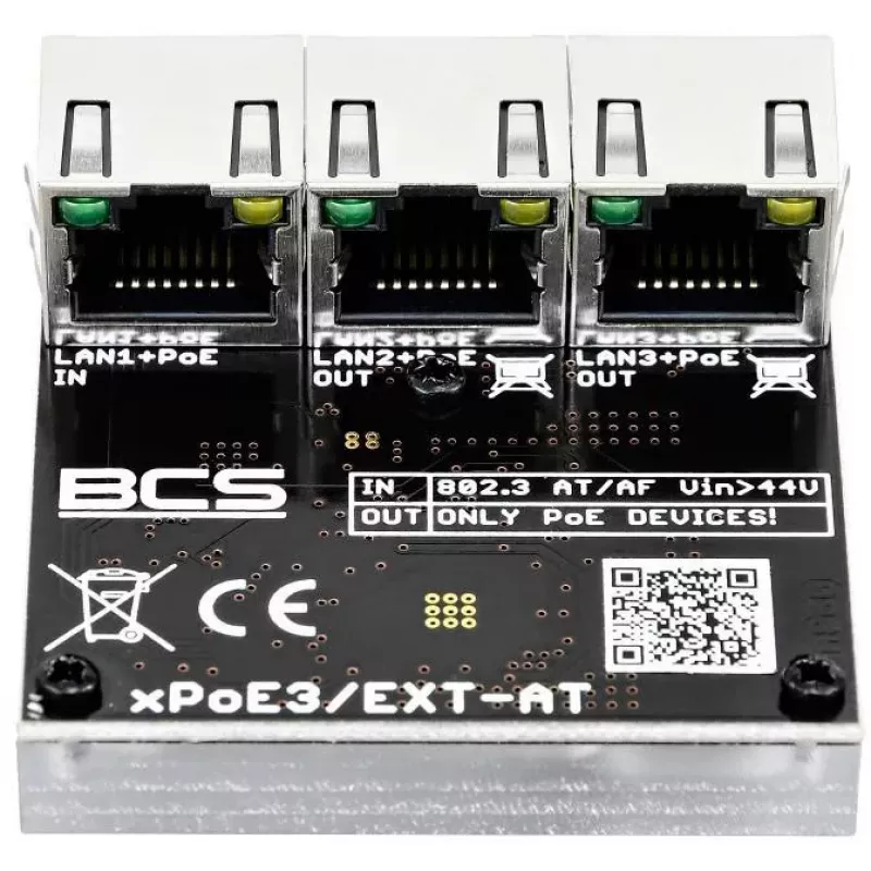 BCS BCS-xPoE3/EXT-AT switch PoE+ de 3 portas, 2x PoE+ 30W, 1x uplink, 250m EXTEND, metal