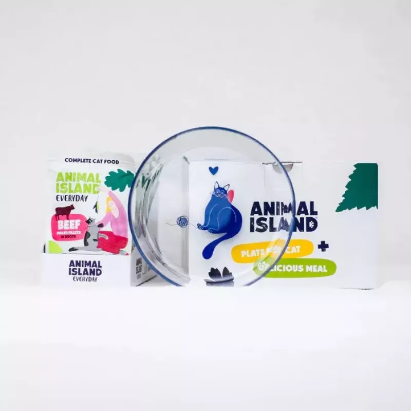 ANIMAL ISLAND filete de vaca comida húmida para gatos 12x85g + prato